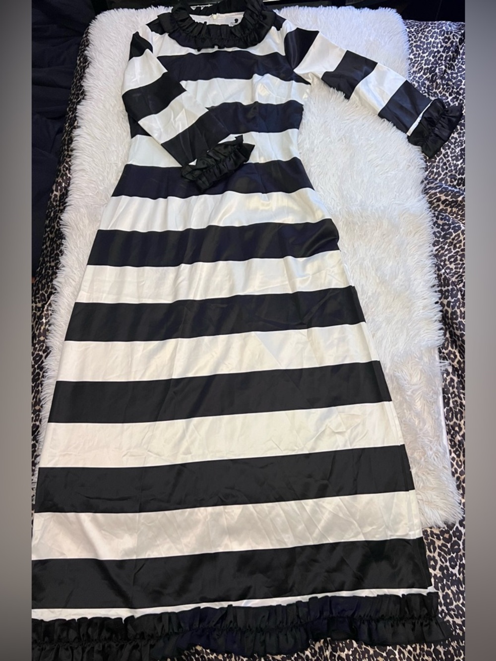 Black & White Silk Striped Ruffle Neck Dress